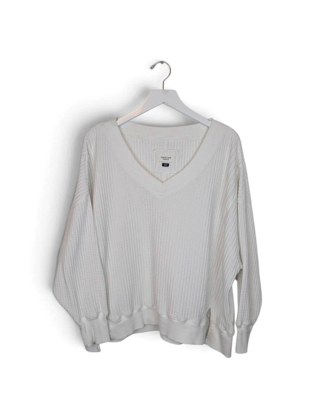 AMERICAN EAGLE OUTFITTERS Waffle Knit V-neck Pullover Cotton Blend White Medium